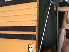 Jennifer White gets bent over in an empty school bus and fucks
