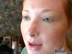 Redhead in fishnets gets two cocks to suck and fuck and gets DP