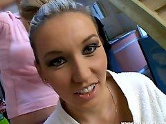 Slutty blonde is getting sperm on her face