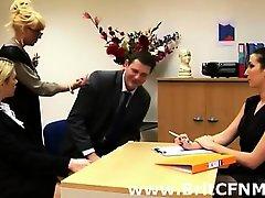 Brit girls and mif strip CFNM guy in office