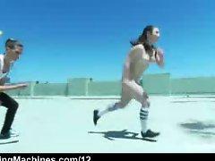 Babe sprints from pussy to vibe on hot roof top