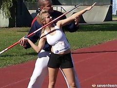Trainer blesses his contestant with a raging cock inside her