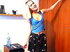 Cute and handsome amateur blonde girl in jeans Sasha enjoys in dancing and slowly taking parts of her clothes off in the room in front of the camera and enjoys in going wild.