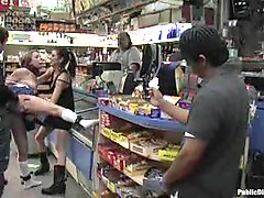 Bondage slut fucked in a conveniece store