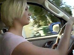 Youthful Blonde Babe sticks vegetable up her love tunnel in car