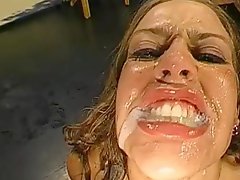 Hot blonde gets covered in jizz