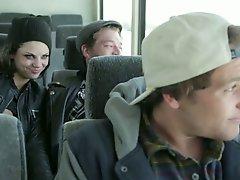 Tattooed charming brunette sexpot gets twat properly fucked in the bus