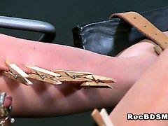 Fake big tits blonde sub zippered in gyno chair