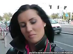 Brunette babe finds a nice hard cock to suck and fuck outside