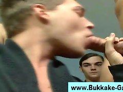 Bukkake loving gay guy blowjob orgy