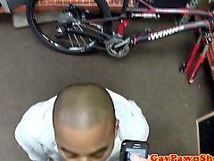 Interracial blowjob in pawnshop backroom