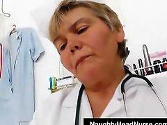 Cougar masturbation with a medical-instrument in uniforms