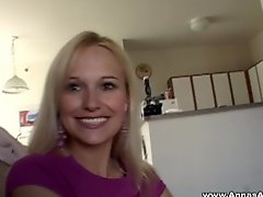 Delicious blonde babe cock teasing in her living room