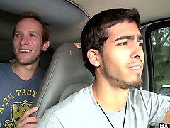 Brilliant gay with short hair giving huge dick blowjob in the car