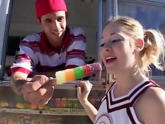 Blonde Cheerleader in uniform moans as she gets banged outdoor