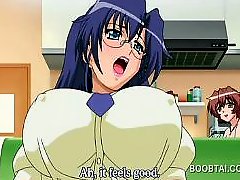 Anime hottie in glasses gets big tits teased in close-up