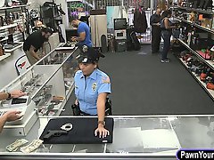 Security officer pawns her stuff and fucked in the backroom