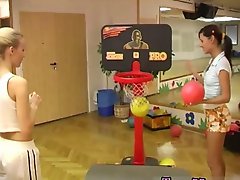 Cindy and Amber romping each other in the gym