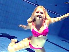 Bikini girl wants to swim naked in the pool