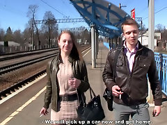 Russian brunette cutie seduces a man in the electric train