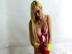 Busty blonde wears gloves as she gives this guy a handjob