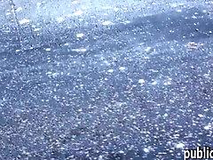 Czech girl flashes her tits and rammed in public  for money