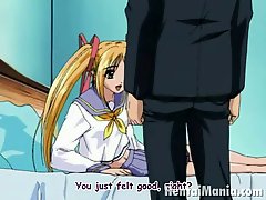 Pigtailed blonde hentai schoolgirl giving deep throat to a large penis